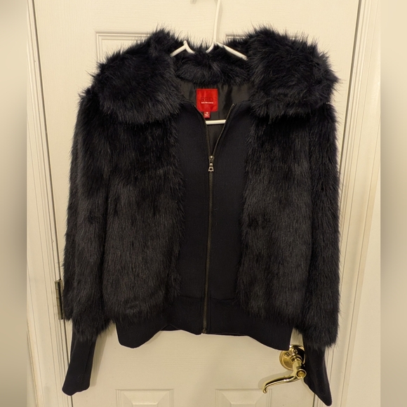Red Saks Fifth Avenue Jackets & Blazers - Red Saks Fifth Avenue Faux Fur Hooded Jacket Navy Blue Glam Winter Coat Size 10